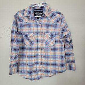 Rough Stock by Panhandle Slim Little Girls Medium Blue Plaid Long Sleeve Western
